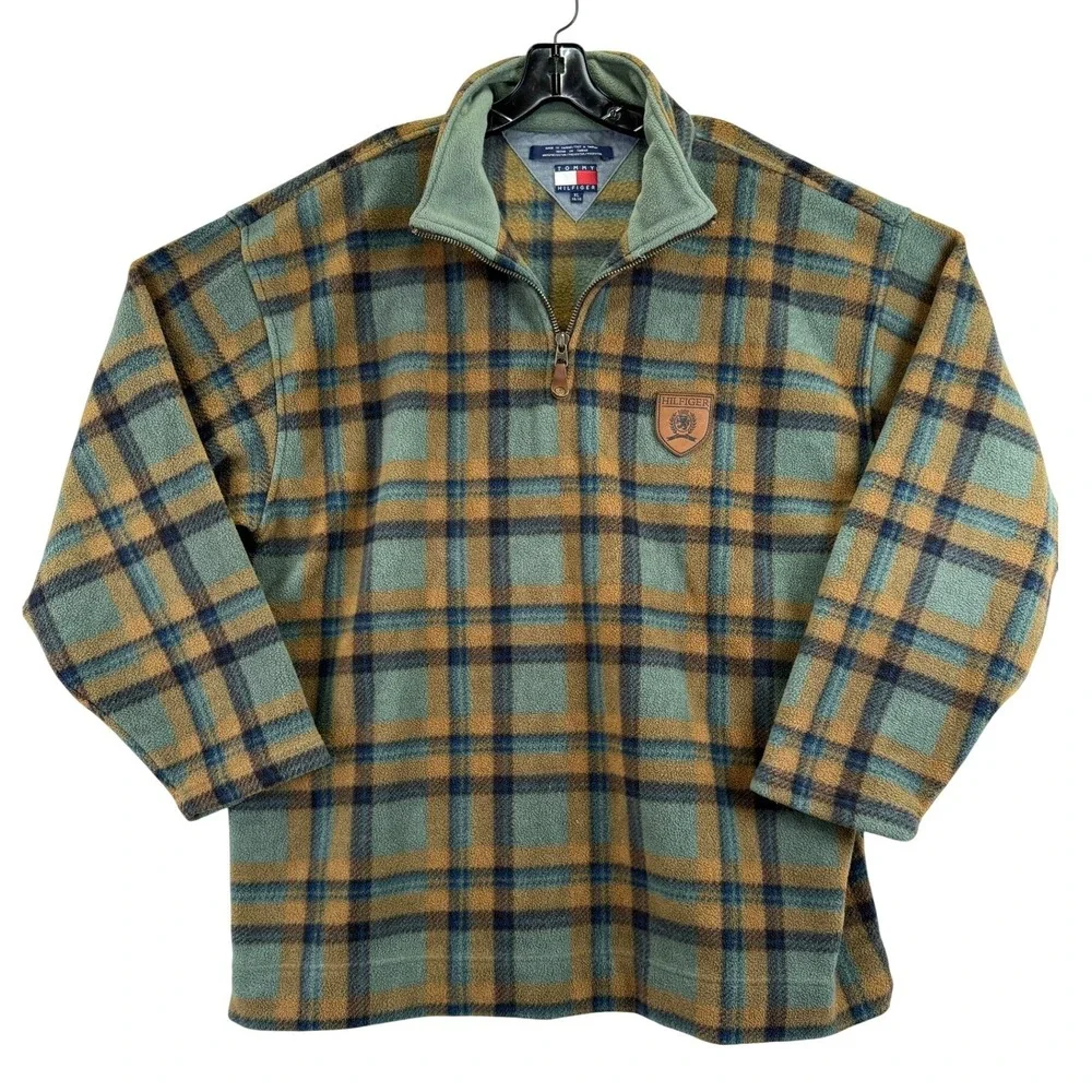 VTG Tommy Hilfiger Plaid Fleece Quarter Zip Mens XL Green Tan Vintage Gorpcore